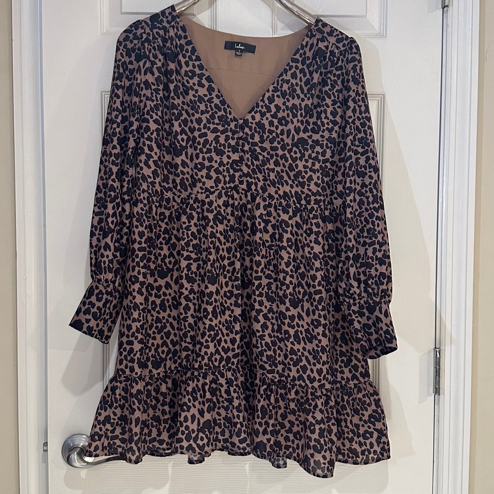 Lulus Leopard Print Babydoll Mini Dress Brown Black V-Neck Long Sleeve Small